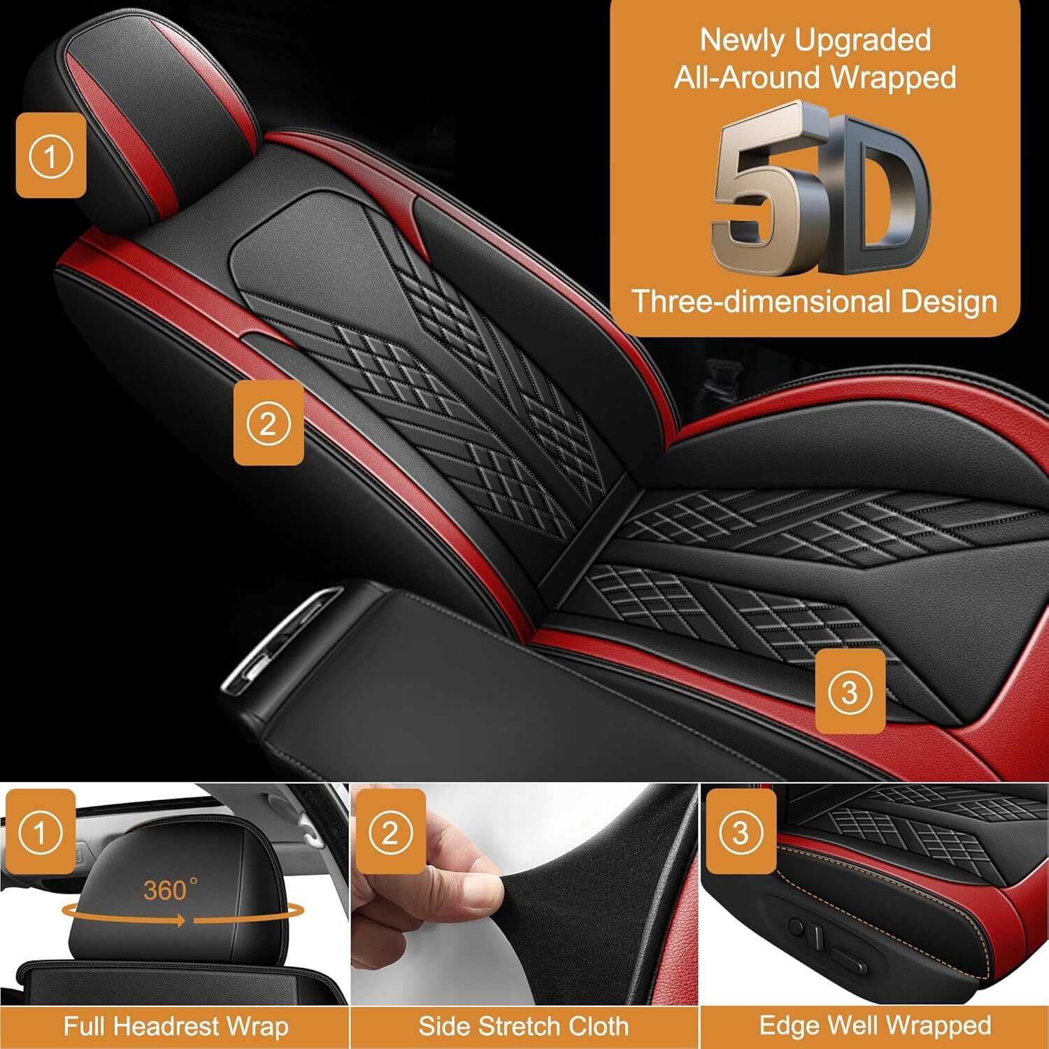 HQBQBUG Car Seat Covers Full Set for Hyundai Elantra 2017-2025 2026 Premium Leather Seat Protector with Lumbar Support,Waterproof Auto Cushions Red,Full Set(2 Row 5 Seats)