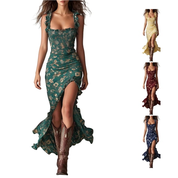 SONXAHE Floral Print Maxi Dress For Women Ruffle Strap Smocked Bust Western Long Dress