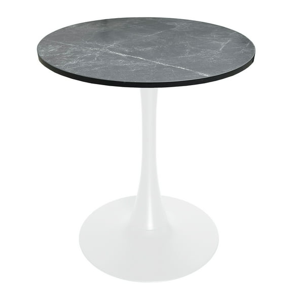 LeisureMod Bristol 27" Round Dining Table with MDF Wood Top and White Steel Pedestal Base for Kitchen and Living Room in Marbled Black