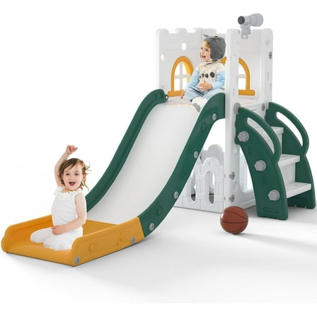 6 in 1 Toddler Slide,Baby Playset for Indoor Outdoor Playground with Basketball Hoop,Storage and Telescope,Climbing Toys for Toddler Playground Playset