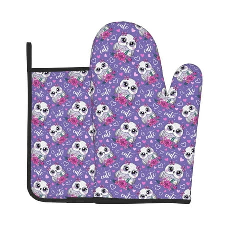 

Jgfou Owl And Flowers Pattern Oven Mitts and Pot Holders Sets Heat Resistant Oven Mittens Soft Lining Extra Thicken Long Kitchen Cotton Oven Glove for Cooking
