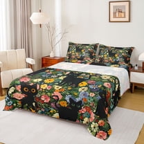 jejeloiu Colorful Flower Blossom Twin Sheet Sets,Kawaii Animals Cat Bedding For Girls Women 3 Pieces