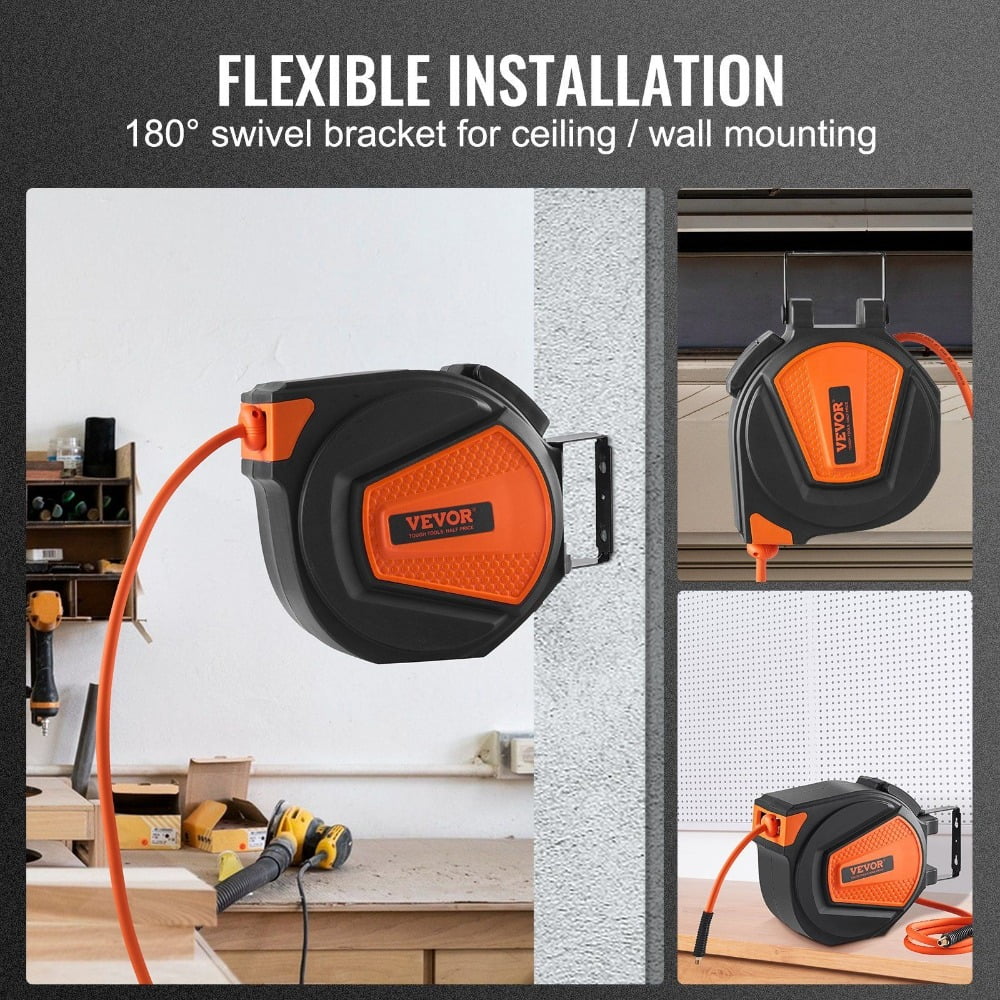 Air Compressor Hose Reel Enclosed Wall/Ceiling Mount with 180° Swivel - 3/8" x 50ft Hybrid Hose, 300 PSI, 5ft Lead-in