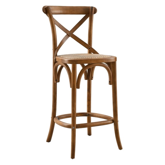 Modway Gear 39.5" Rattan and Elm Wood Counter Stool in Walnut Finish
