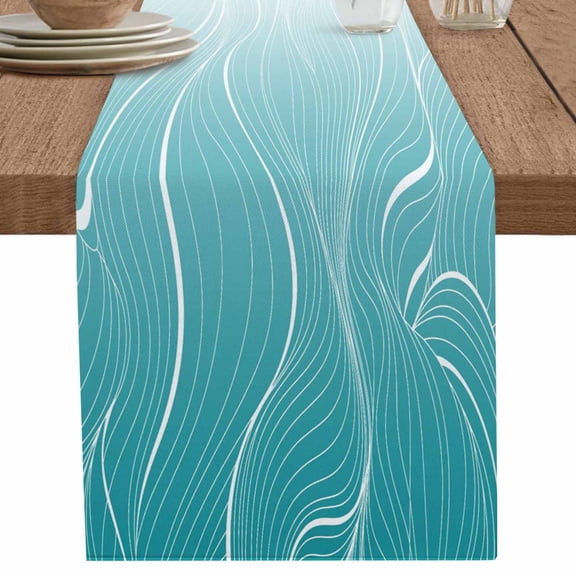 nqOlkjepod Aqua Blue Geometric Table Runner 36 Inches Long Farmhouse Dress Scarves, Modern White Stripe Distortion Art Dining Tablerunner for Coffee Table/Kitchen Island/Party Décor, Small 13" x 36"