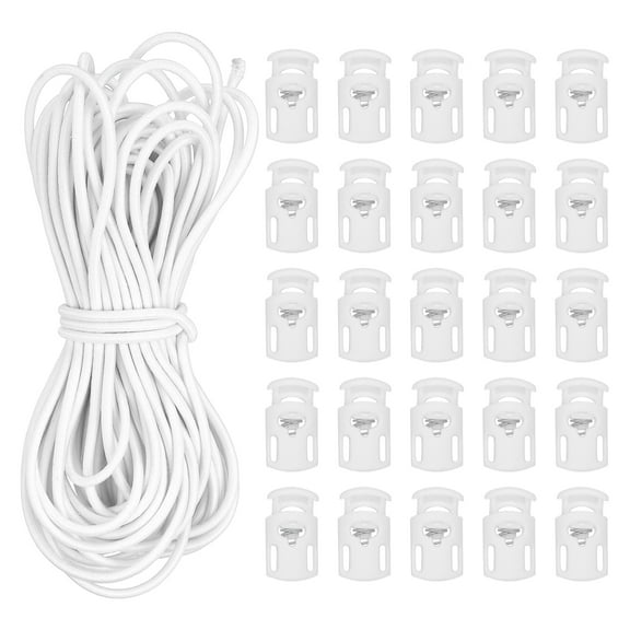 10 Yard Elastic Bungee Cord & Single Hole Cord Lock, Plastic Oval Spring Toggle Stopper, White 2 Pack