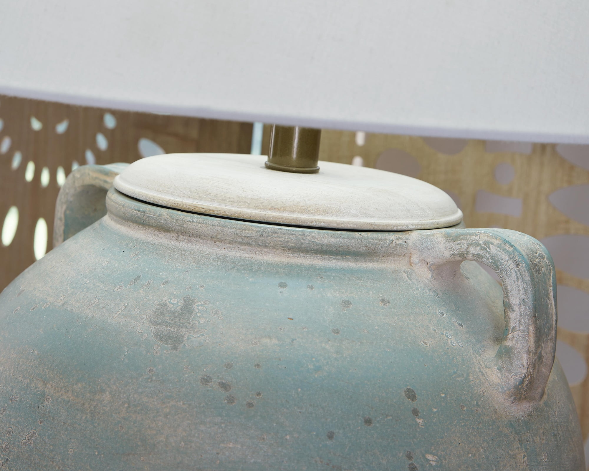 Signature Design by Ashley Shawburg Terracotta Table Lamp, Antique Green Finish, 28.5" Height, Modified Drum Shade
