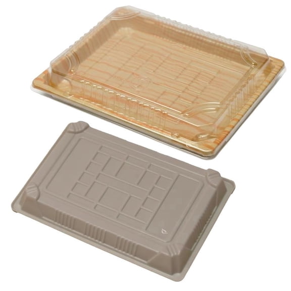 Sushi Takeout Container with Clear Lid 7.375 x 5.125 Inches – Rectangular Wooden Design Food Container Disposable Sushi Tray To Go Box – for Restaurants, Supermarkets, Catering, Party and Events (50)