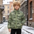 thumbnail image 4 of Spazoro Boys Padded Jacket with Pockets, Stand Collar Regular Fit Dinosaur Print Full Zip Elastic Cuffs Winter Outerwear for Kids Army Green Size 8-9, 4 of 9