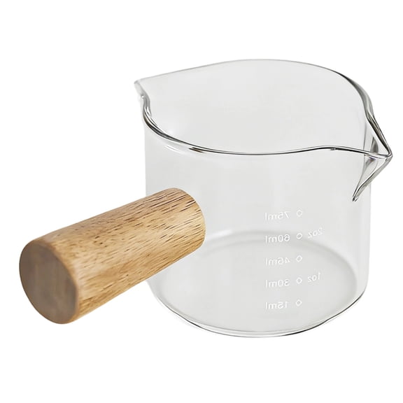 3.4 fl oz / 100 mL Wooden Handle Glass Coffee Measuring Cup with Double Spouts, Marked Scale Espresso Shot Glass, Heat-Resistant Borosilicate Glass, Convenient Pouring Milk Cup for Home, Bar