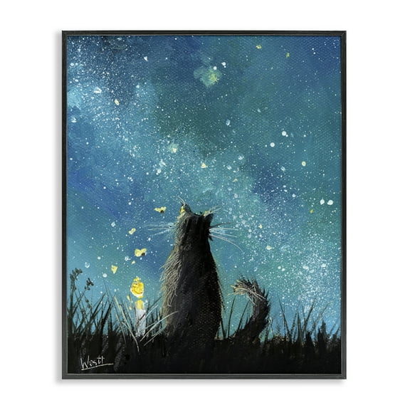 Stupell Industries Cat Gazing at Stars Astrology & Stars Painting Black Framed Art Print Wall Art, 11 x 14