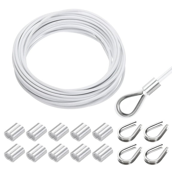 Uxcell 33FT Stainless Steel Cable Railing Kit, 1/8" Vinyl Coated 7x7 Strand Wire Rope with Loop Sleeves and Thimbles White