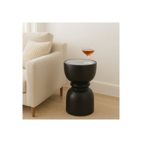 Round Marble End Table for Home Decor - Modern Mango Wood Side Table for Small Spaces, Bedroom, and Night Stand - Contemporary Bedside Accent for Drink Table and Living Room - 18", Black