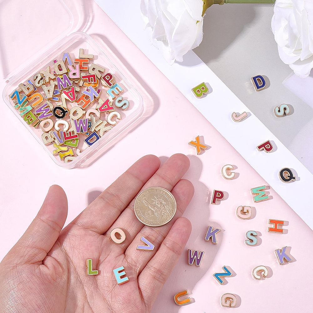 1 Set 4 Bags Alloy Enamel Alphabet Beads for Personalized Name Necklaces Making Letter A~Z Total: 26pcs/bag