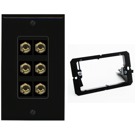 RiteAV 6 Banana 3 Speaker Surround Female Coupler Binding Post Wall Plate - Bracket [Black/Black]