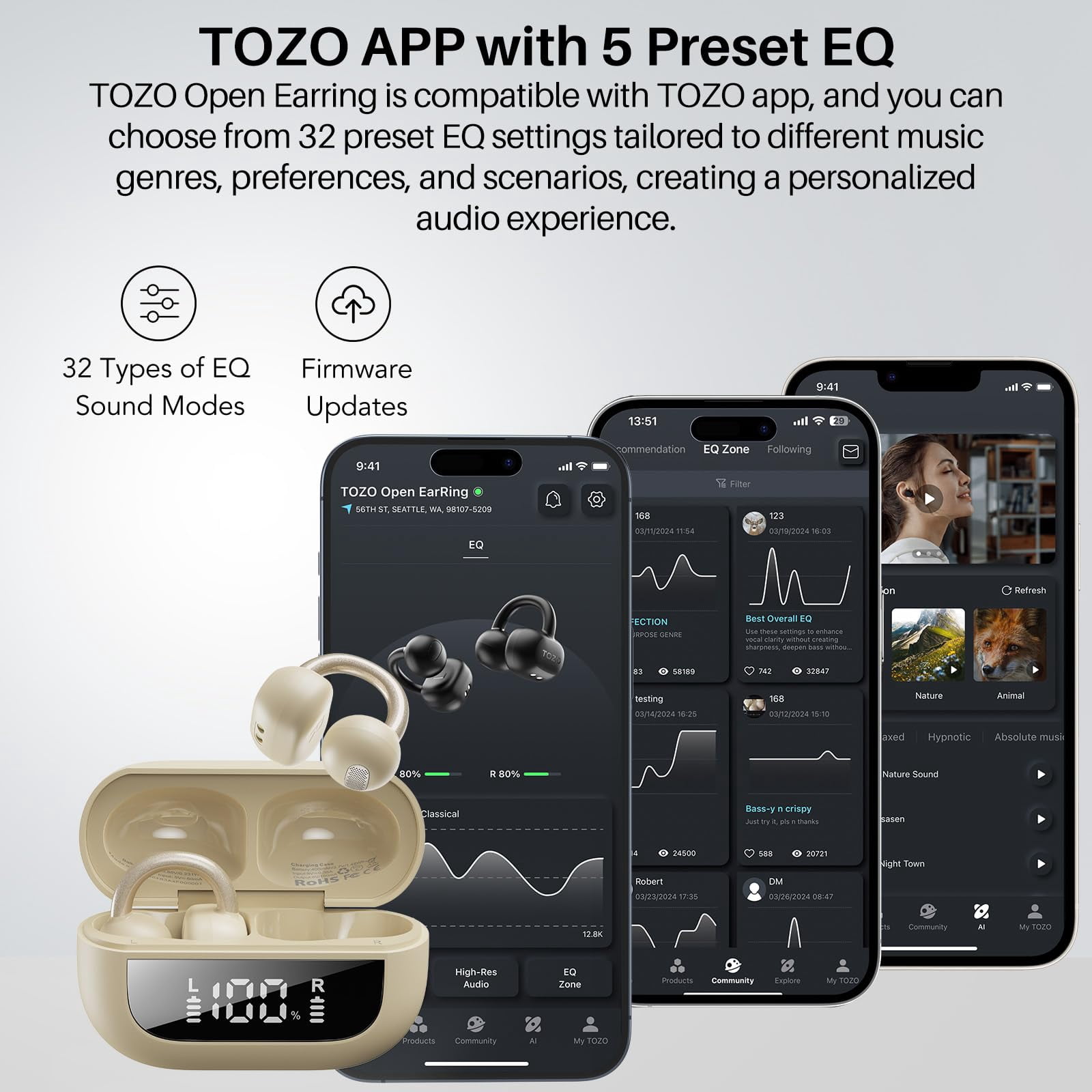 TOZO OpenEarRing True Open Ear Earbuds, Lightweight Comfort Open Ear Clip Wireless Earbuds, 40H Play Bluetooth 5.4 Headphones with Smart Digital Display Design Fit Sports Running, Workout