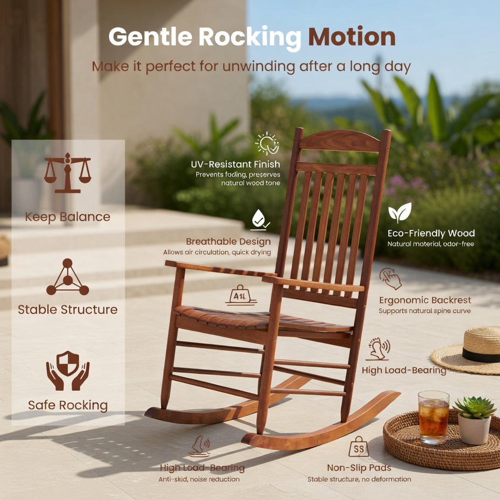 Hommoo 3-Piece Poplar Wood Outdoor Rocking Bistro Set, Foldable Table & Two High-Back Rockers for Patio, Porch, Balcony & Garden, Brown