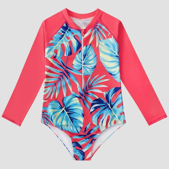Lolmot Girls One Piece Swimsuit Kids Toddler Floral Zipper Bathing Suit Rash Guard Long Sleeve Swimwear Summer Beach Outfit