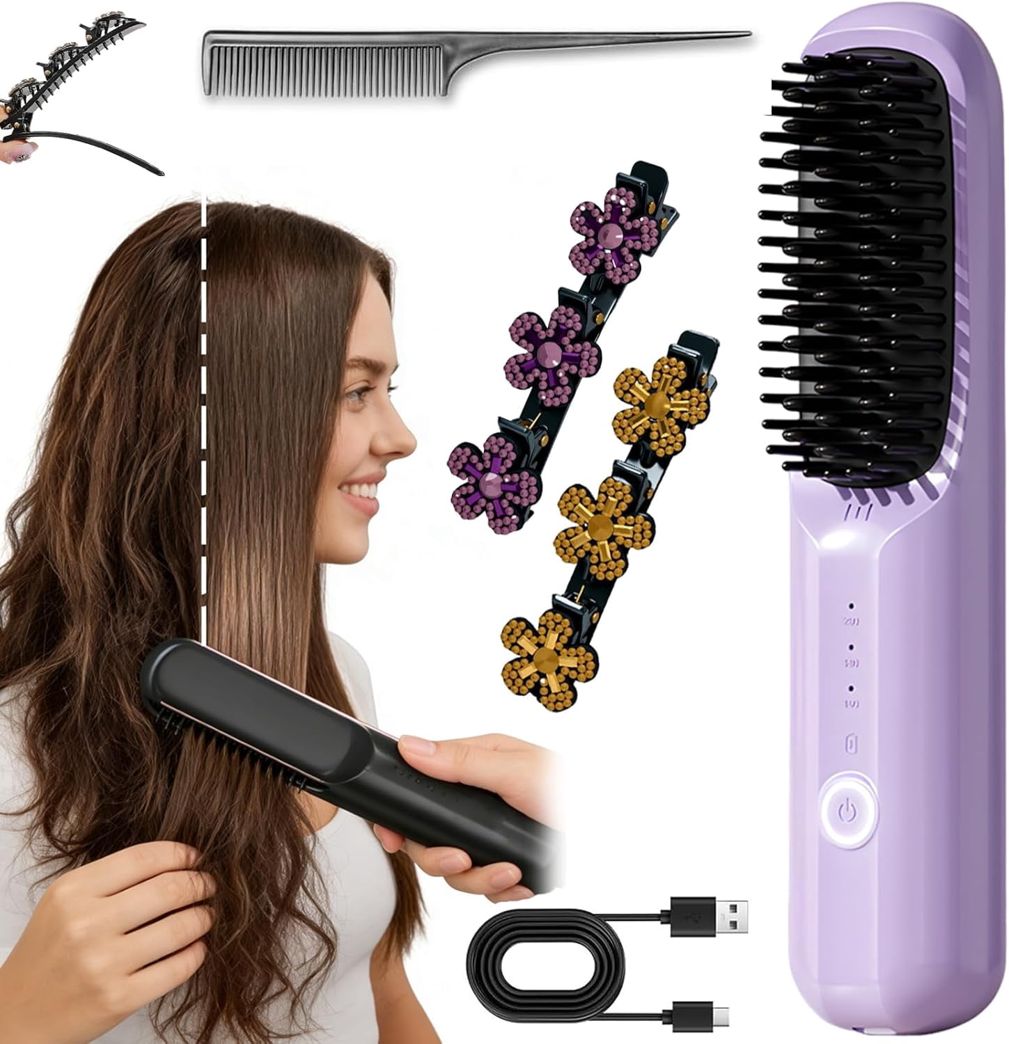 Wavytalk, Pro Steam Hair Straightener Brush, 12 inch, Pink