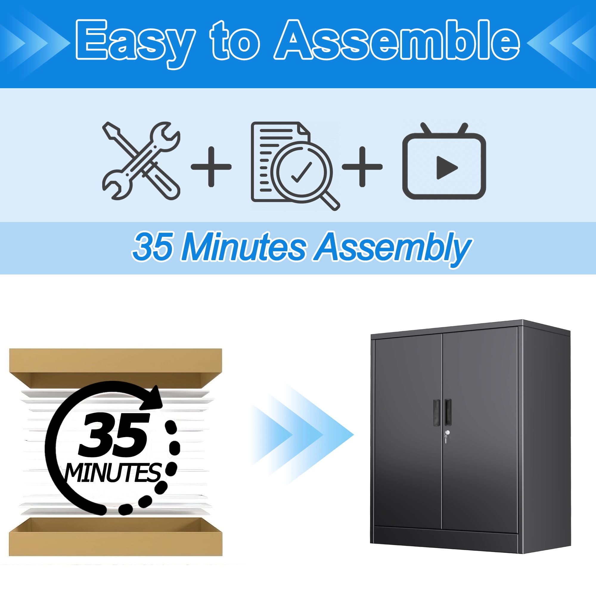 CJF Metal Storage Cabinet, Steel Locking Storage Cabinet with 2 Shelves for Home, Office, Garage, 36.2" H x 31.5" W x 15.7" D (Black)