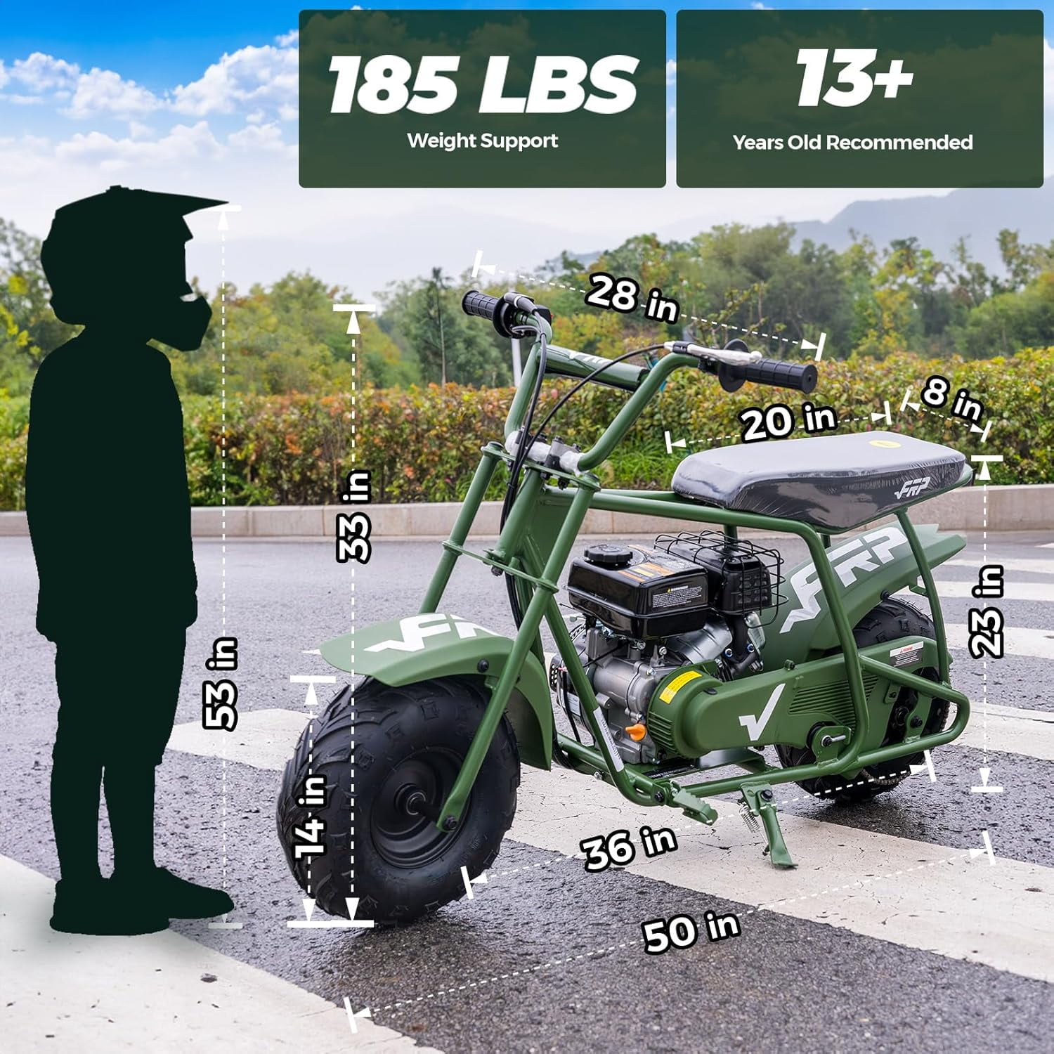FRP Mini Dirt Bike GMB100 Max, 99CC Gas Powered Mini Bike 4-Stroke,Mini Bikes for Kids/Adult, W/LED Headlight, Goggles, Gloves and Neck Gaiter,Up to 28 Mph, Weight Support Up to 220 LBS (GREEN)