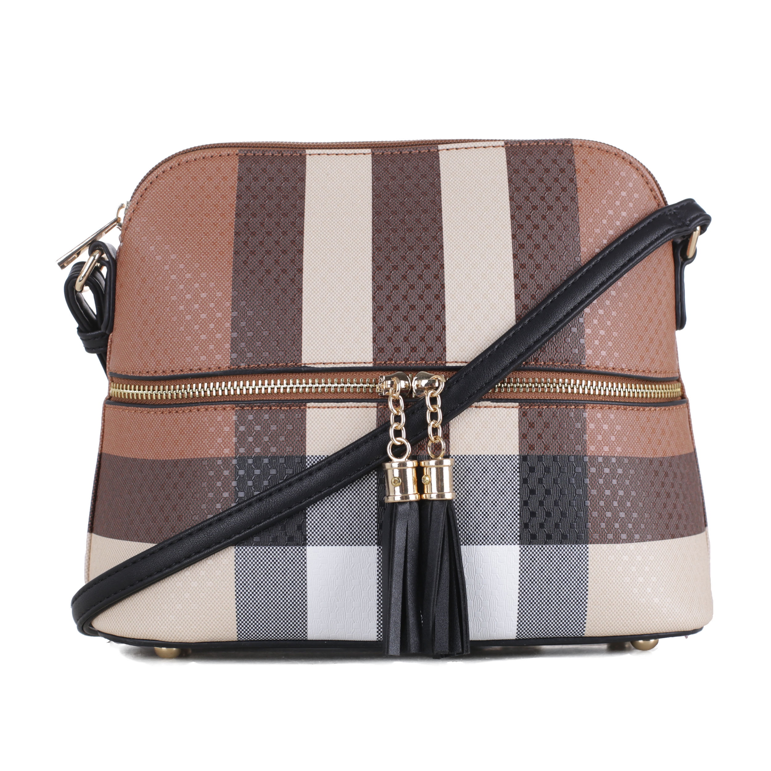 Deluxity Plaid Pattern Lady Dome Crossbody Bag with TasselBlack