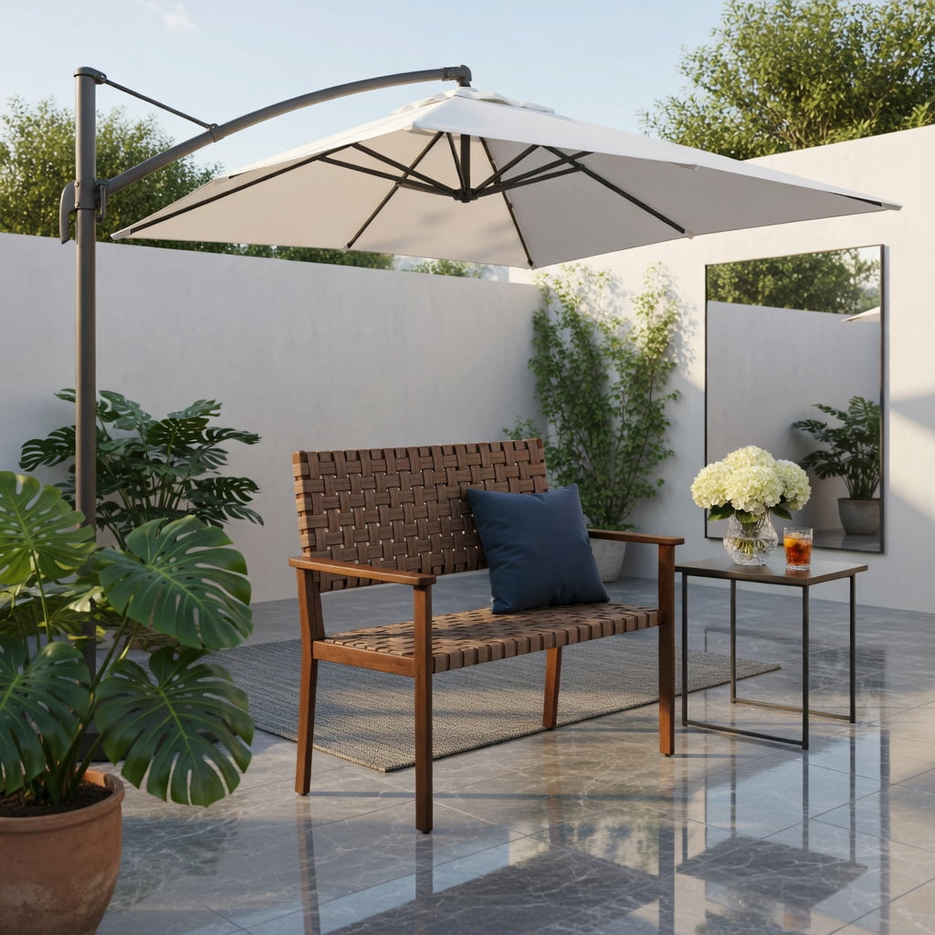Hommoo All-Weather Outdoor Bench, Hand-Woven PU Leather Seat, Solid Rubber Wood Frame, Natural