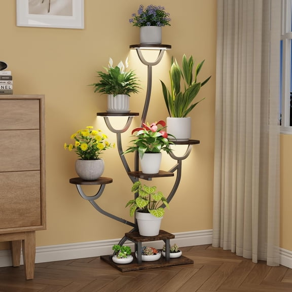 Plant Stand Indoor with Grow Lights, 44.2" Tall, 7 TieredLighted Corner Plant Shelf for Indoor Growing, Metal & Wood Plant Holder Display Shelves, For Living Room