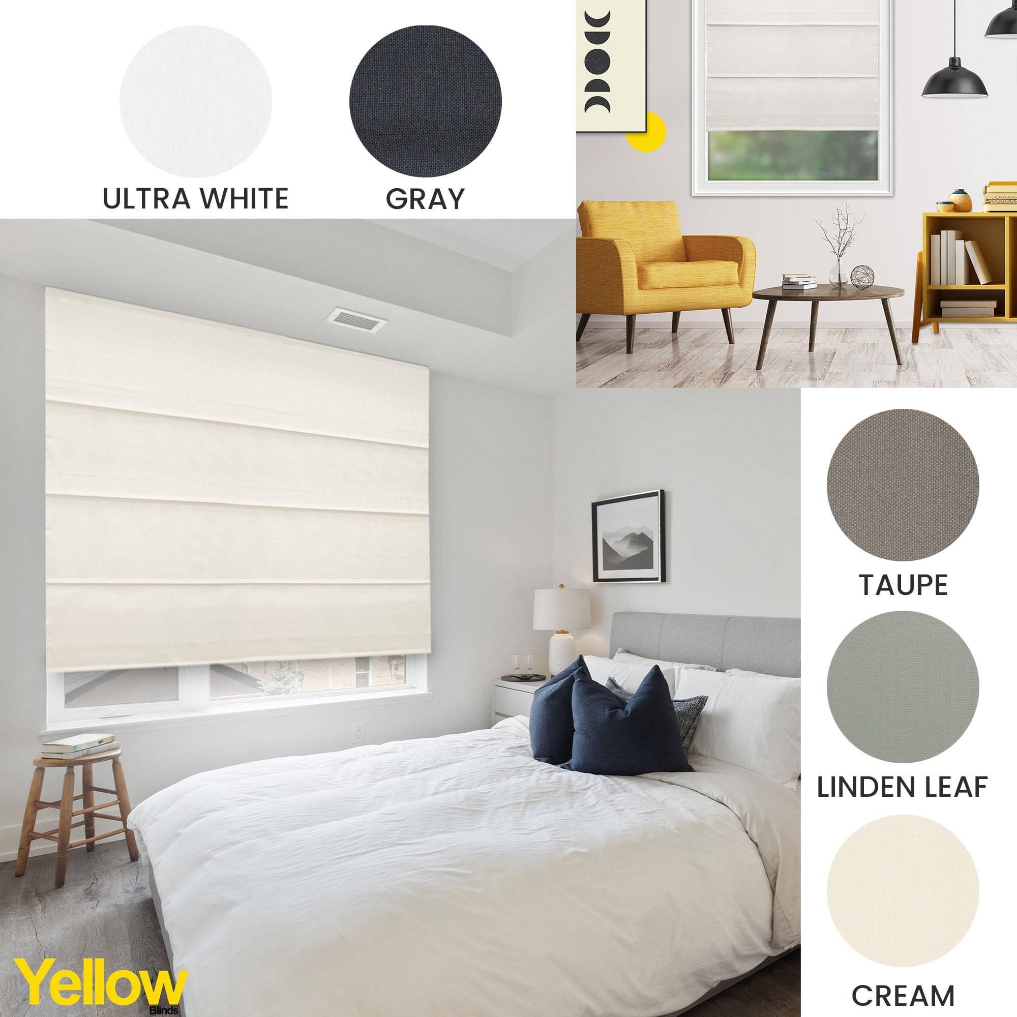 Yellow Blinds Cordless Light Filtering Roman Shade, Riverside Ultra White - 35"W X 72"H