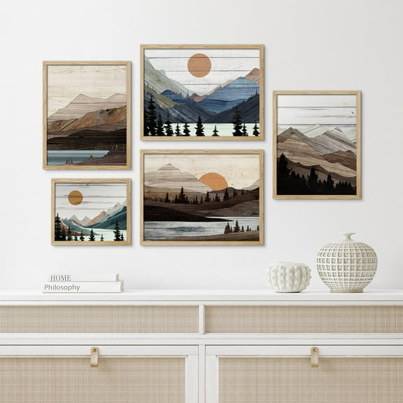 PixonSign Framed Canvas Print Wall Art Set - Retro Forest Mountain Range & Sun Landscape Posters - Gallery Set of 5 Nature Wilderness Vintage Art Modern Wall Décor for Living Room - Natural