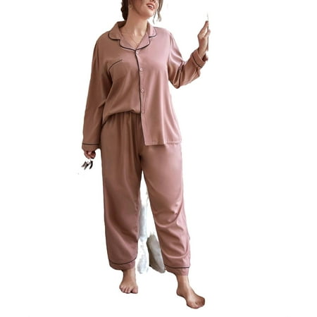

Lapel Neck Pant Sets Long Sleeve Dusty Pink Plus Pajama Sets (Women s)