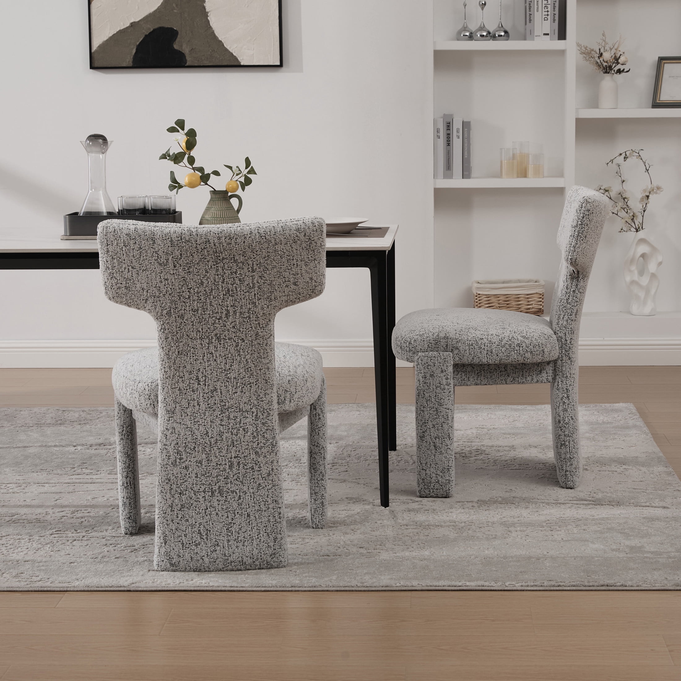 Noble House Morse 22" Chenille Dining Chair Set of 2, Armless Curved Back Accent Chairs with Rubberwood Legs, Black & White