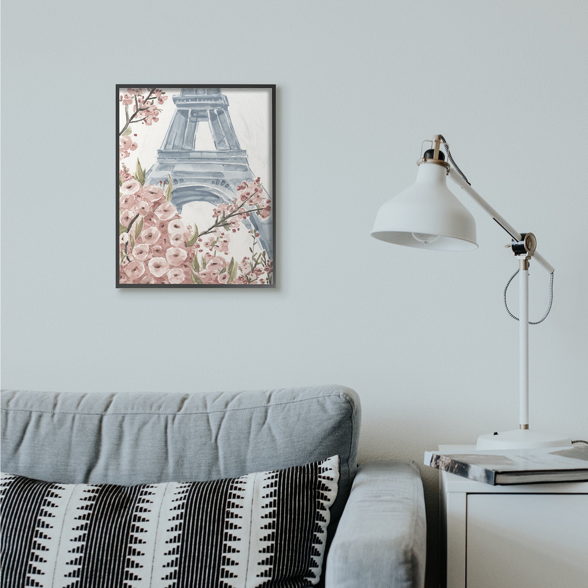 Stupell Industries Paris Flowers Eiffel Tower Pink Blue Watercolor Painting Framed Wall Art by Annie Warren