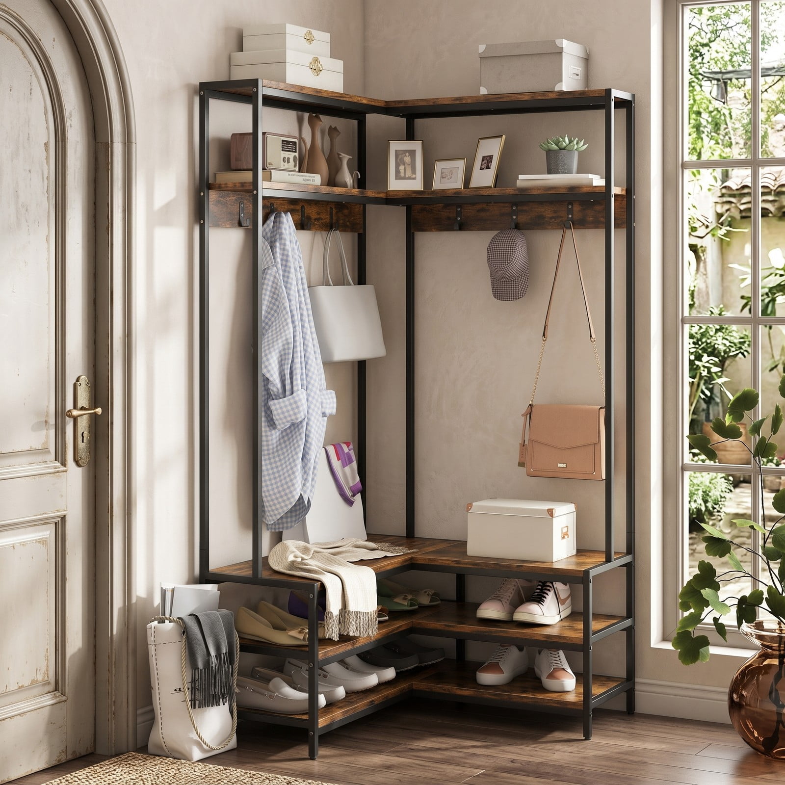 Furnibear L-Shaped Corner Garment Rack with Open Shelves 7 Hooks and Shoe Bench for Bedroom and Entryway Storage, Rustic Brown