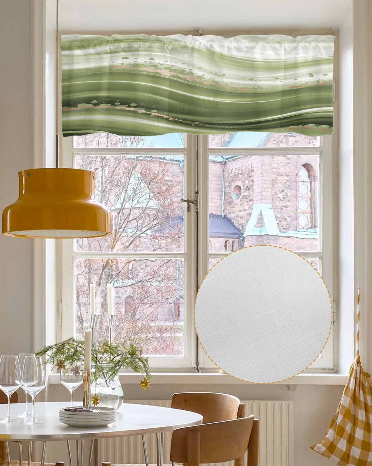 Green Abstract Waves Kitchen Valances for Windows Farmhouse Linen Window Valance Curtain for Living Room Window Treatment Gradient Fluid Luxury Oil Painting Valance Rod Pocket Topper, 60 x 18 Inch