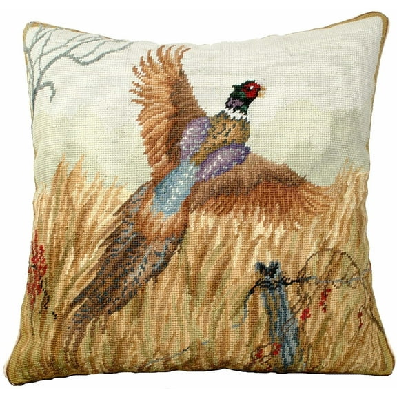 Throw Pillow Needlepoint Pheasant in Flight Bird 18x18 Beige Cotton Velve MH-638