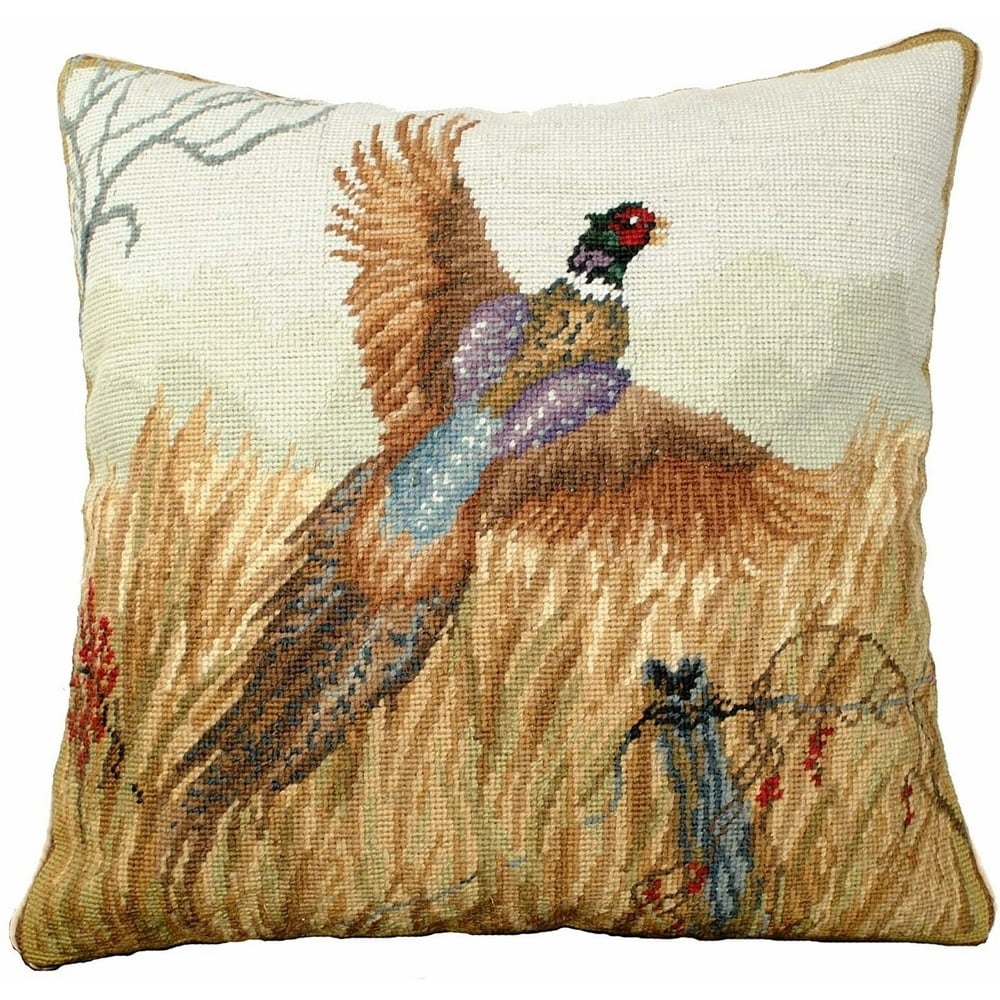 Throw Pillow Needlepoint Pheasant in Flight Bird 18x18 Beige Cotton