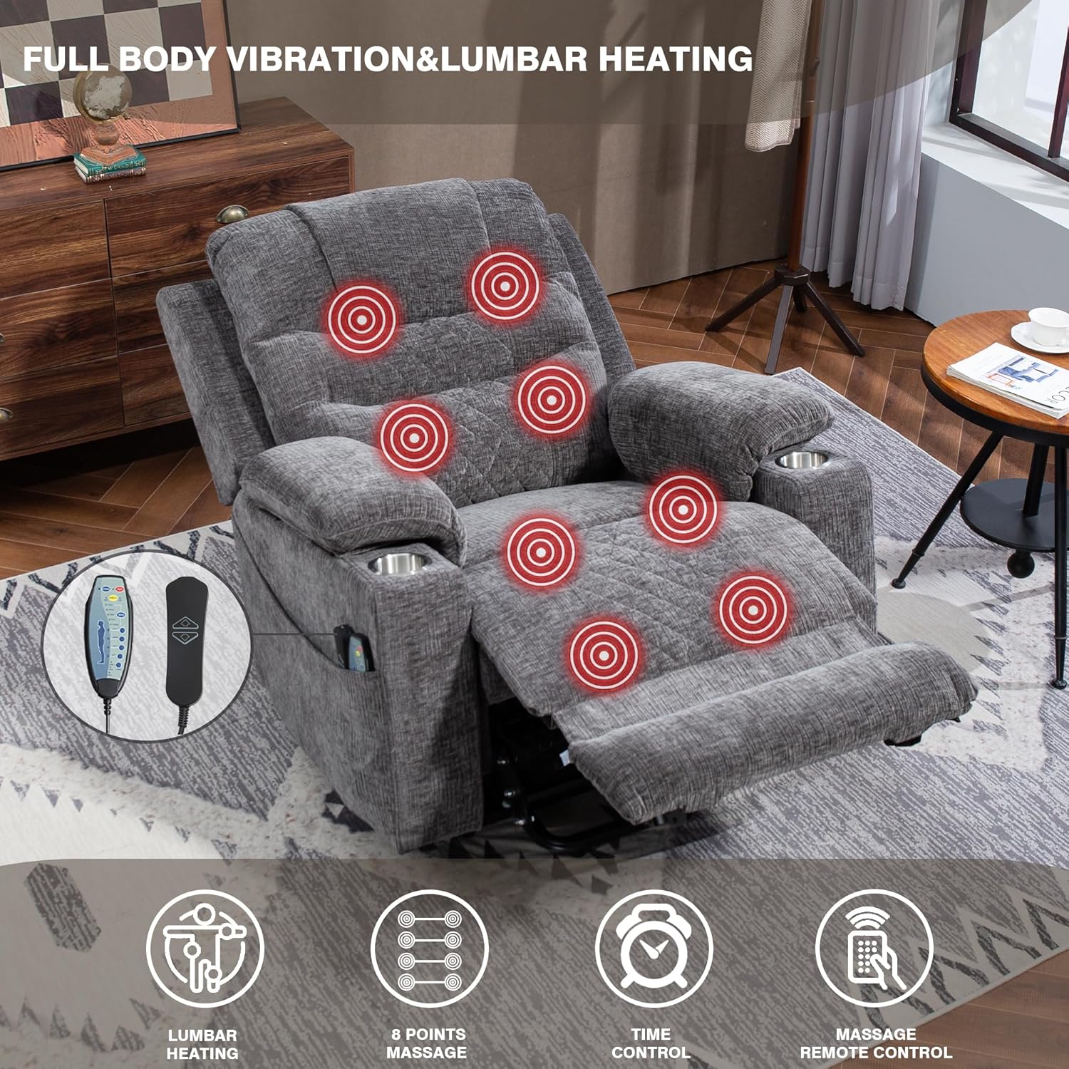 Lift Chair with Heat and Massage, Zero Gravity Lay Flat Recliner with Cup Holders & Adjustable Seat for Adults Living Room Lounge Recliners on Clearance