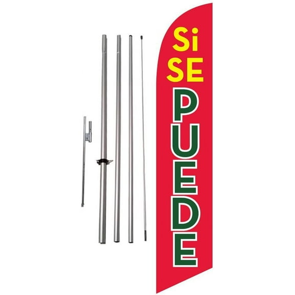 Red Si Se Puede 15 foot Feather Banner Swooper Flag Sign with Pole Kit and Ground Spike