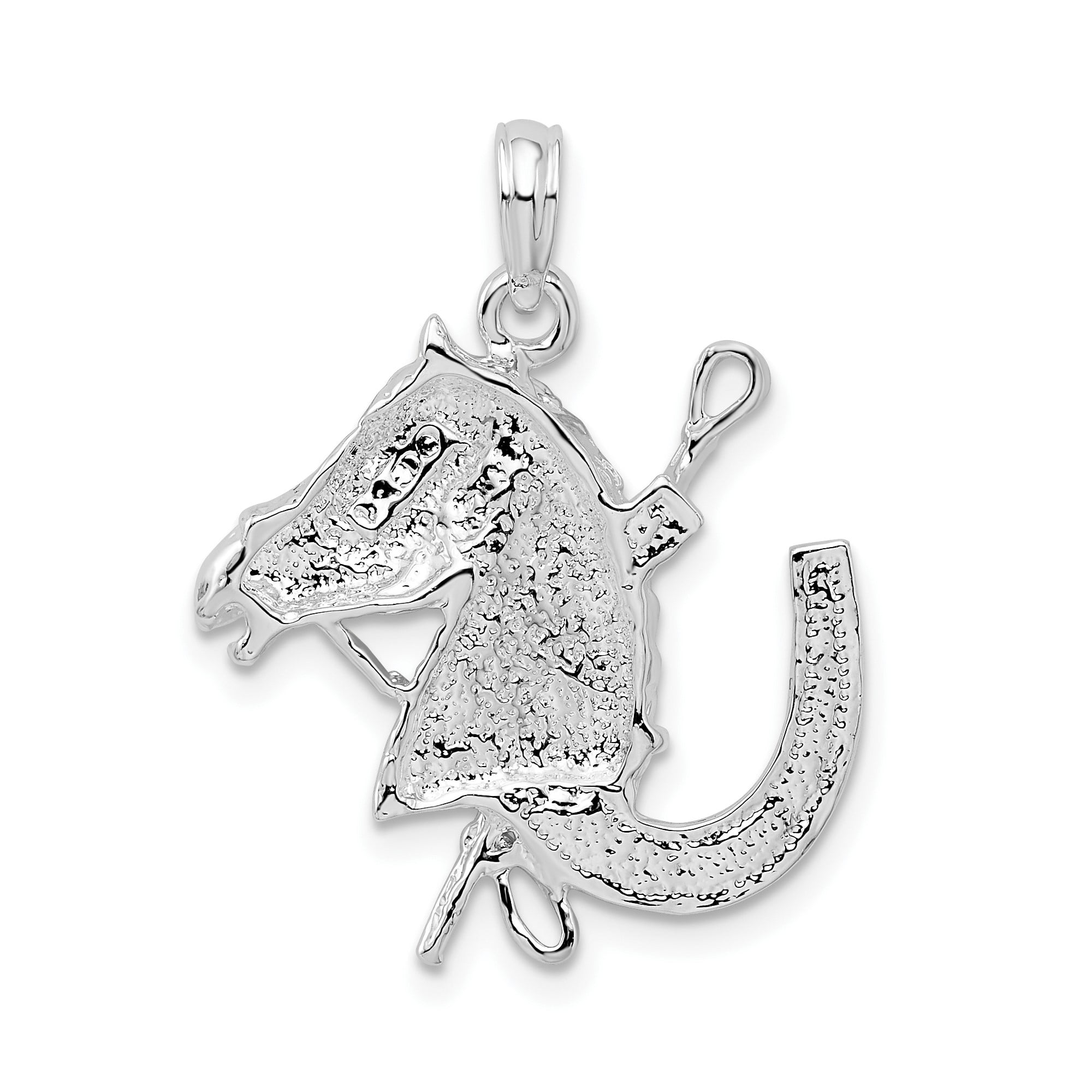 925 Sterling Silver Horse Head Riding Crop Horseshoe Pendant Charm, Equestrian Western