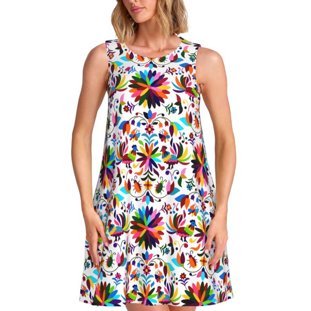 Fotbe Mexican Bright Style Vestido de Verano sin Mangas para Mujer – Vestido Midi Línea A, Estilo Camiseta Floral, Vestido Playero Casual y Fluido
