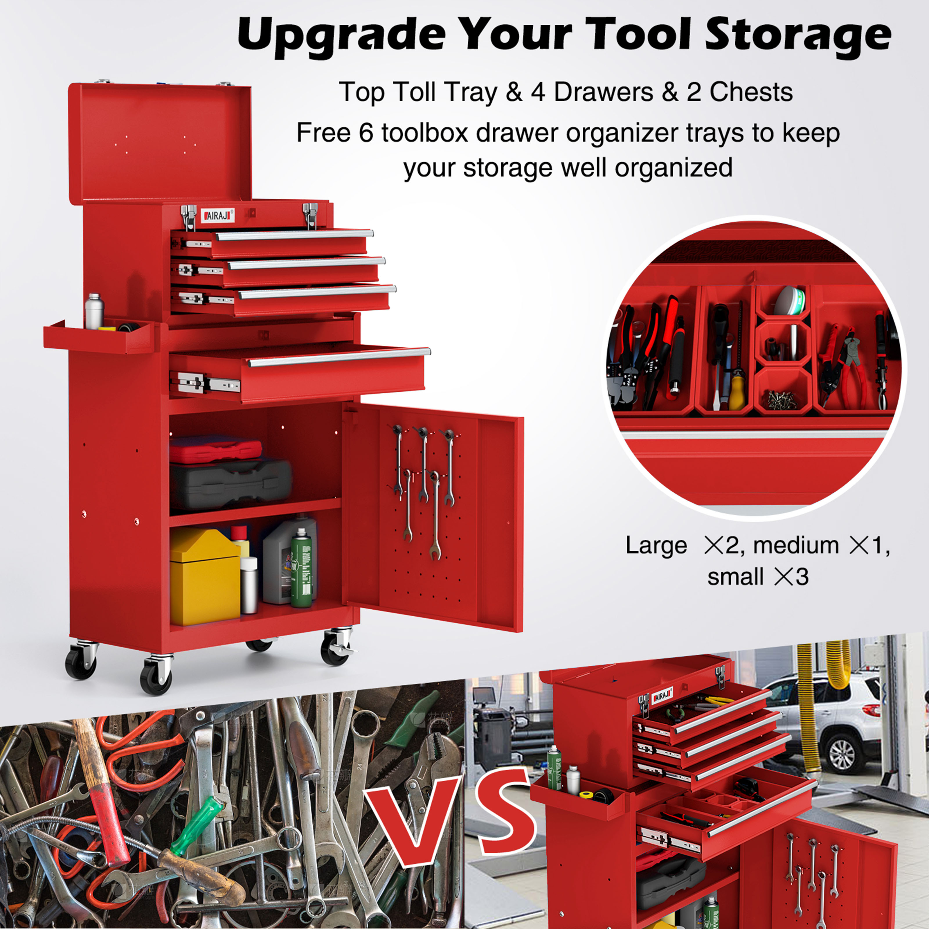 Tool Chest with Detachable Top Tool Box,Rolling Tool Chest with Drawer,Single Door Metal Garage Storage Tool Cabinet with Lockable Wheels