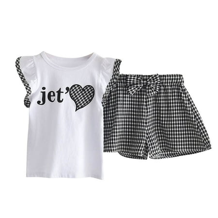 

ZHUASHUM Toddler Kids Baby Girls Ruffle Short Sleeve Letter T Shirt Tops Plaid Bow Shorts 2PCS Outfits Clothes Set
