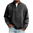 thumbnail image 2 of Handshe Men's Denim Hoodie, Solid Color Long Sleeve with Stand Collar and Half-Zipper, Washed Distressed Casual Sweatshirt for Daily Wear, 2 of 6