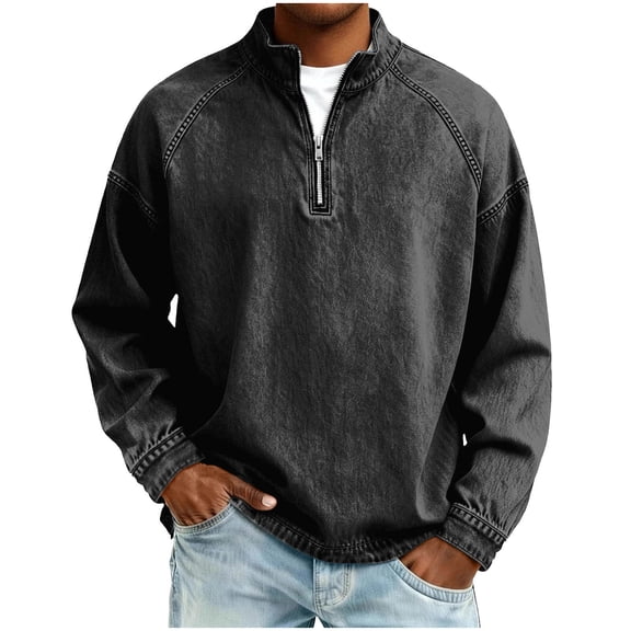 ZCFZJW Mens Quarter Zip Pullover Acid Wash Vintage Distressed Sweatshirt Raglan Sleeve Stand Collar Fashion Long Sleeve Athletic Tees Shirt Tops Black XXL