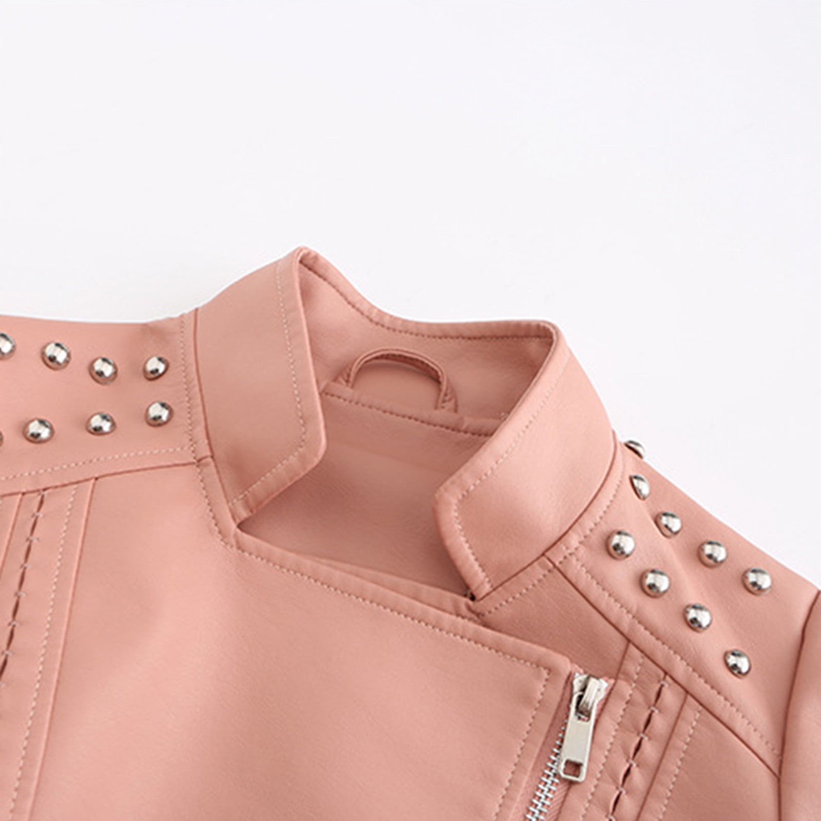 QATAINLAV Women's Casual Light Studded Shoulder Moto Biker Jackets Solid Casual Oblique Zip Faux Leather Motorcycle Coat Pink M