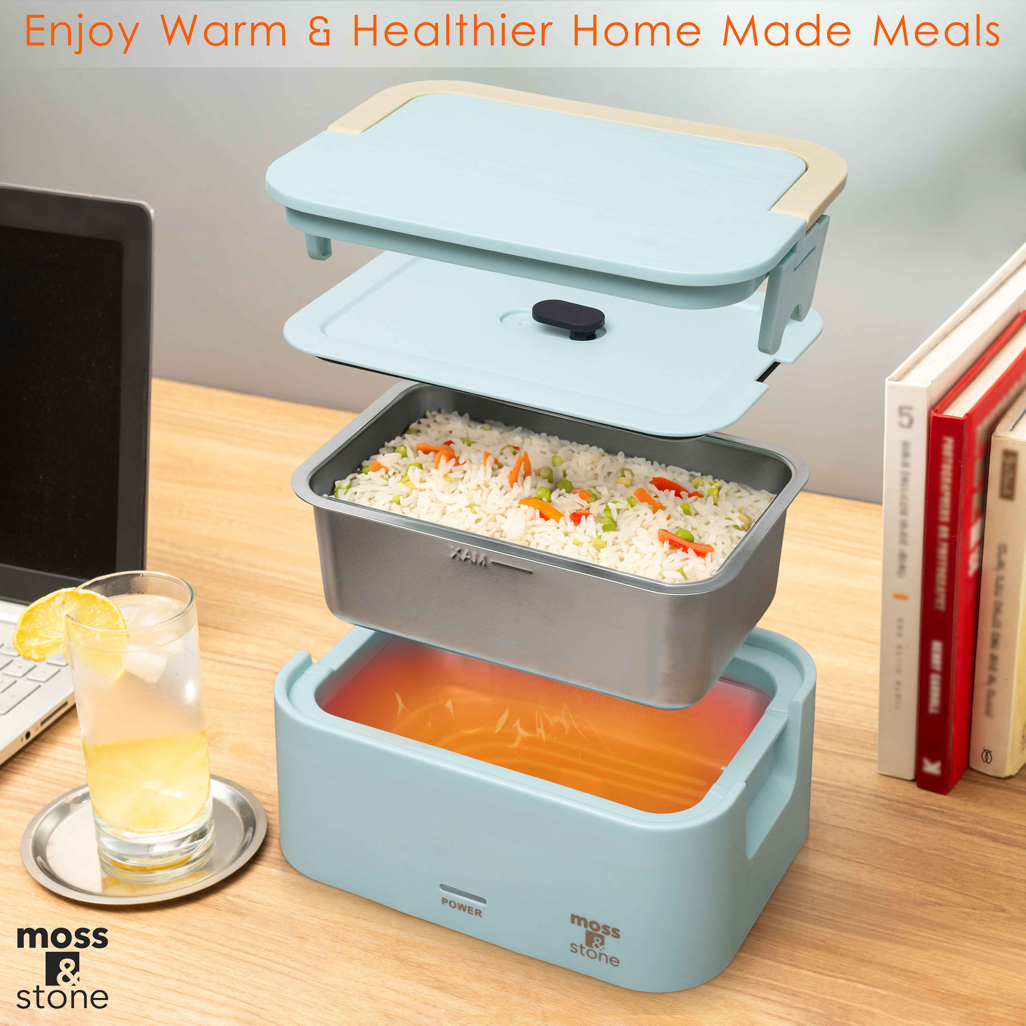 Moss & Stone Turquoise Electric Lunch Box Food Heater for Adults, 80W Portable Warmer for Work with 0.9L 304 Stainless Steel Container, 120V Green Heated Lunch Box Suitable for Dorms/Work/Gift