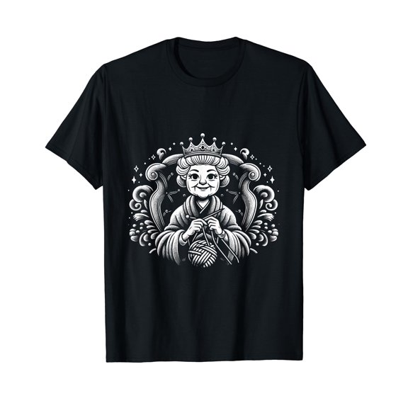 Whimsical Knitting Queen Illustration T-Shirt for Craft Enthusiasts