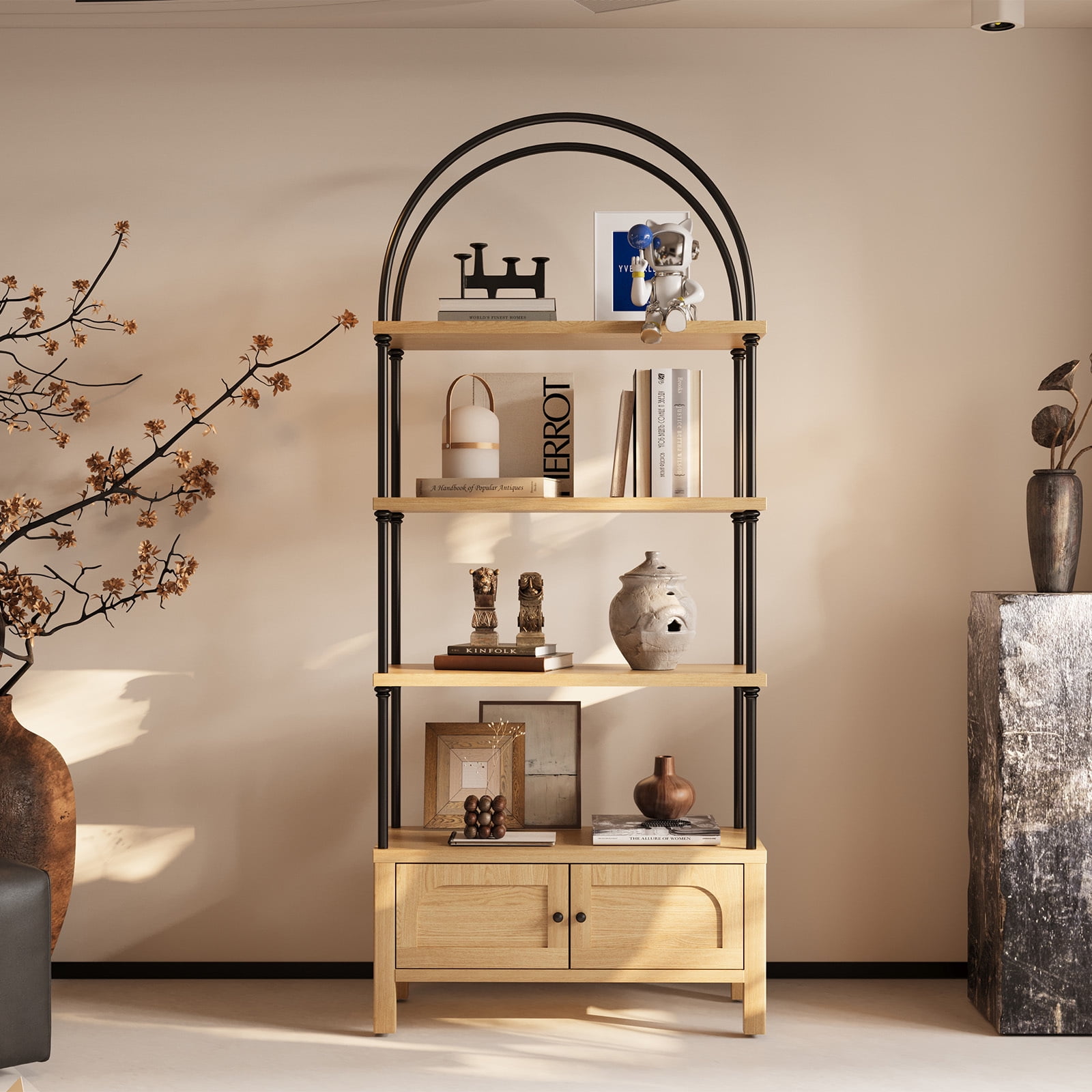 Furnibear Arched Bookshelf with Door 72 Inches Tall 5 Tier Storage Shelf with Cabinet,Modern Open Bookcase for Living Room or Home Office,Brown