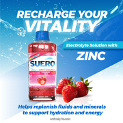 Suero Repone Electrolyte Drink with Zinc, Strawberry Flavor Adults and Children 1 Year and Older 1L (8 Pack)